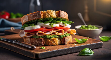 Recipe for a turkey sandwich with pesto sauce and olive oil on a wooden board.