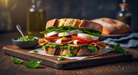 Recipe for a turkey sandwich with pesto sauce and olive oil on a wooden board.