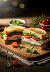 Recipe for a turkey sandwich with pesto sauce and olive oil on a wooden board.