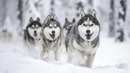 Fototapeta premium A team of huskies running through deep snow in a winter forest. Concept Huskies in Snow, Winter Forest Run, Snowy Action, Sled Dog Team, Icy Trails