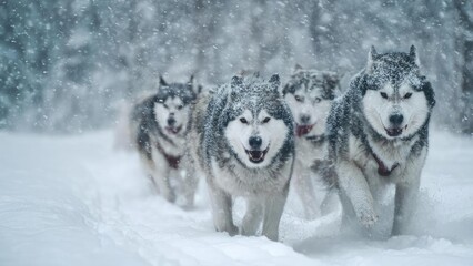 Fototapeta premium A team of Siberian huskies sprinting through fresh snow in a wintry forest. Concept Siberian Huskies, Snow Sprint, Winter Forest, Action Dog Photography, High-Energy Canines