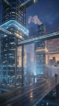 Futuristic city skyline dusk with illuminated skybridge tower and glowing skyline evoking calm