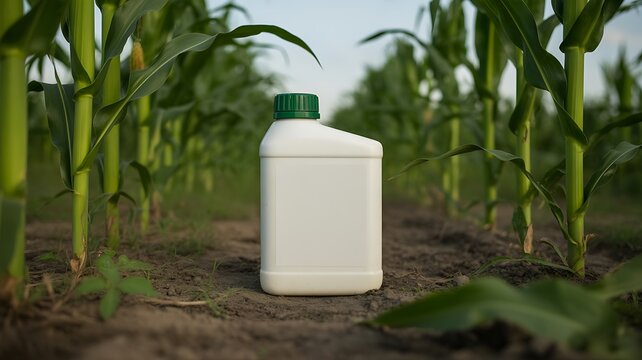 Pesticide bottle in cornfield