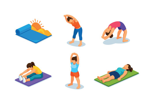 Morning Stretch Icons. Morning Stretch. Isometric flat vector icons set of morning stretch: sunrise yoga mat, standing side stretch pose, backbend stretch