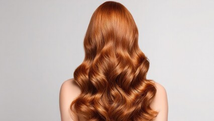 Naklejka premium Back view of a person with long, wavy copper-red hair. Concept Back view portrait with long copper-red wavy hair, Hair-focused shot highlighting copper-red highlights, Soft natural light from behind