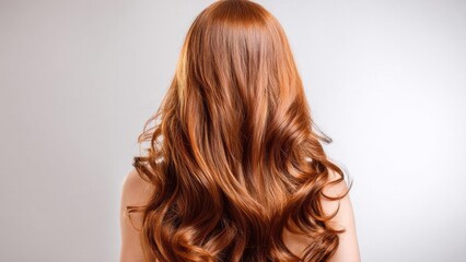 Fototapeta premium Back view of a person with long, wavy red hair cascading down the back. Concept Back view, Long wavy red hair, Hair cascading down the back, Portrait framing, Hair texture