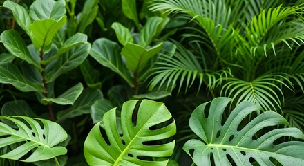 Lush tropical foliage featuring vibrant green leaves of monstera, fiddle leaf fig, and palm plants in a dense garden setting