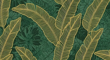 Seamless pattern of golden banana leaves on a dark green tropical jungle background, luxury wallpaper design © Porina Akter