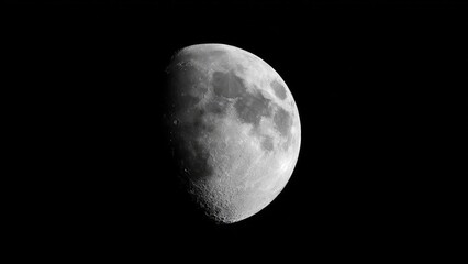 The Moon with its cratered surface illuminated on the right, showing a waxing gibbous phase. Concept Waxing Gibbous Moon, Cratered Moon, Lunar Surface Details, Night Sky Photography, Moonlit Portrait
