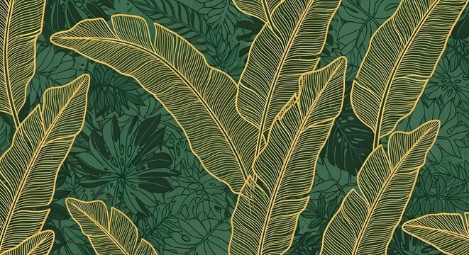 Seamless pattern of golden banana leaves on a dark green tropical jungle background, luxury wallpaper design