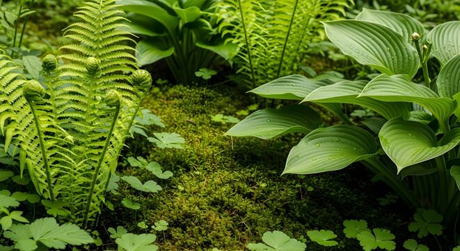 Lush green forest floor with ferns and hostas in a shady garden setting