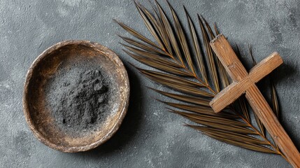 A symbolic arrangement of Ash Wednesday elements on a gray background