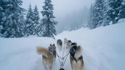 Fototapeta premium Sled dogs pulling a sled through a deep, snow-covered pine forest. Concept Sled Dogs, Snowy Pine Forest, Dog Sledding Adventure, Winter Wilderness, Snowy Landscape