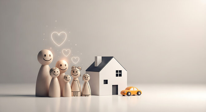 A charming wooden family figurine set, complete with a tiny house and a small yellow car, represents homeownership, family protection, and financial security.