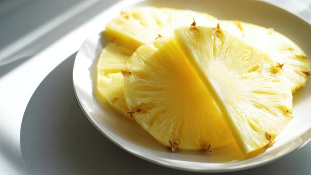 Sunlit plate of pineapple slices arranged in wedges. Concept Pineapple Slices, Sunlit Produce, Wedge Arrangement, Bright Food Photography, Fresh Summer Fruit