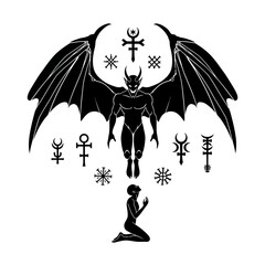 a black silhouette of a demon with symbols around a kneeling figure.