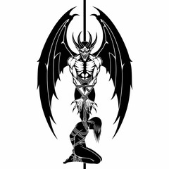 A black and white illustration of a winged demon creature.