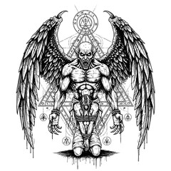 A muscular demon with wings and geometric symbols.