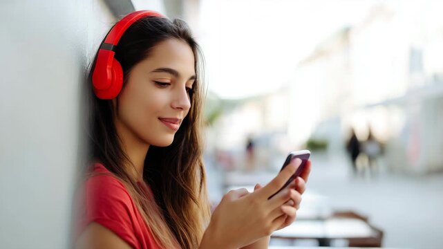 a young woman sitting outdoors at a cafe, wearing bright red headphones, smiling while scrolling on her smartphone