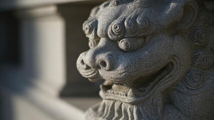 Fototapeta premium Close-up of a stone Chinese guardian lion statue’s head with a curly mane. Concept Stone Lion Close-up, Chinese Guardian Lion, Curly Mane Detail, Traditional Stone Carving, Sacred Symbolism