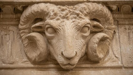 Fototapeta premium Carved stone ram head with curling horns, part of an architectural relief. Concept Stone ram head, curling horns, architectural relief, classical frieze motif, carved stone ornament