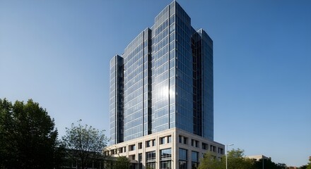 Modern glass skyscraper office building exterior against a clear blue sky on a sunny day