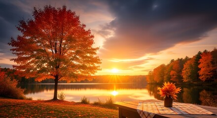 Vibrant autumn sunset over calm lake with solitary tree and table setting