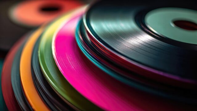 Close-up of a stack of colorful compact discs. Concept Colorful CDs, Close-up, Stacked discs, Retro media, Light reflections