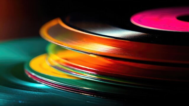Close-up of colorful vinyl records stacked on a turntable. Concept Vinyl records, Turntable, Colorful grooves, Close-up, Retro music