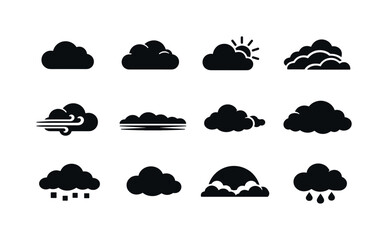 Cloud Icon Collection. Cloudy Sky. Solid icon set of Cloudy Sky: cloud, overcast cloud, sun behind cloud, layered clouds, wind cloud, gray sky horizon,