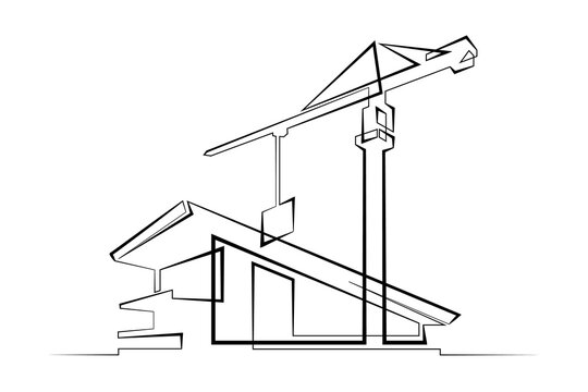 Continuous single line drawing residential building. House. Construction site. Construction crane.  Linear.One continuous line isolated minimalist illustration. Not AI.