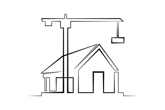 Continuous single line drawing residential building. House. Construction site. Construction crane.  Linear.One continuous line isolated minimalist illustration. Not AI.