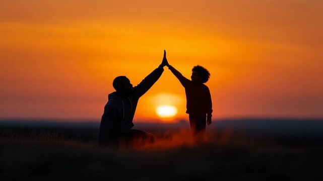 4K video Father giving his young son a high five outdoors at sunset, symbolizing encouragement, trust and a positive parent-child relationship,strictly preserving the exact  4K