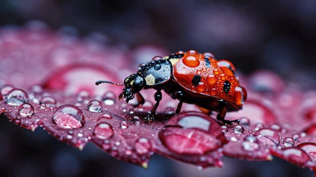 A ladybug stands on a leaf covered with dew drops in a close-up, macro view of the insect.