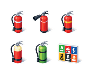 Obraz premium Fire Extinguisher Varieties. Extinguisher Types. Isometric flat vector icons set of Extinguisher Types: water extinguisher, CO2 extinguisher, dry chemical