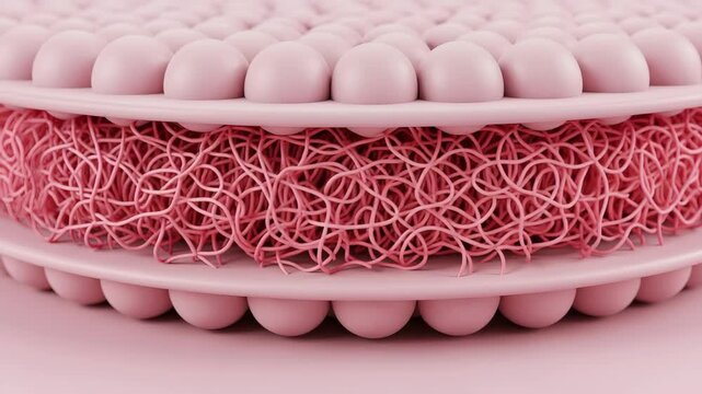 Microscopic view of skin cells and collagen fibers showing cellular structure and dermal matrix 4K Ai HD high quality video.