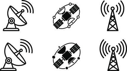 Satellite communication and wireless network icon set featuring dish antennas, orbiting satellites, and signal towers for modern telecommunications and technology design © Rabbi Creative