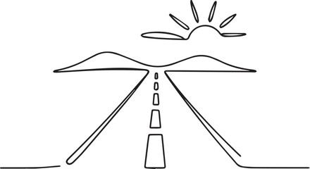 Fototapeta premium A serene landscape illustration of a road stretching towards mountains under a radiant sun