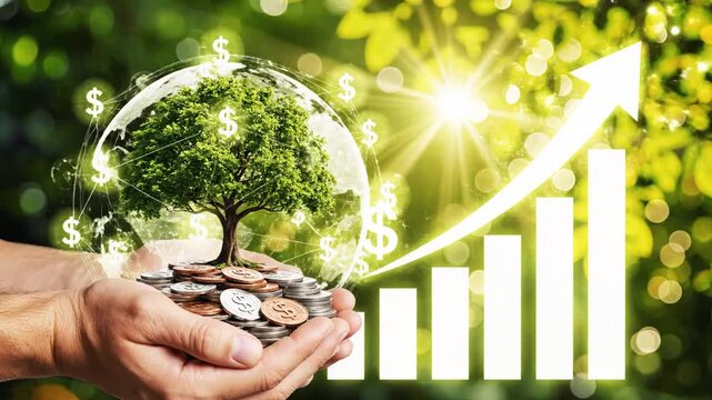 Hands holding coins and a tree with a glowing graph indicating financial growth in a natural setting