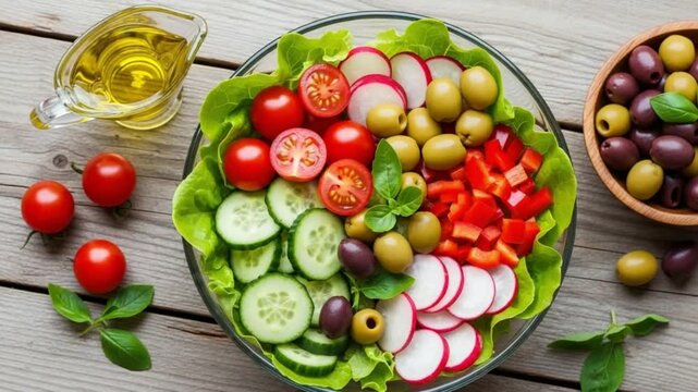 A vibrant salad bowl filled with fresh vegetables and olives on a wooden table with a small bowl of olives and a jug of oil