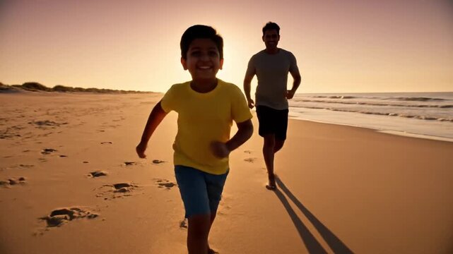 Happy father and son running barefoot on a sandy beach during golden hour for active lifestyle concept and family togetherness