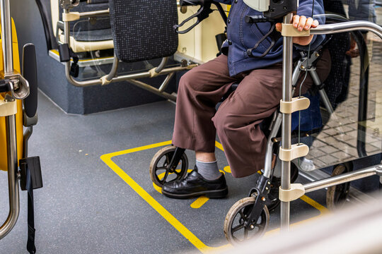 Barcelona Spain January 28 2026 Senior passenger using walker in bus