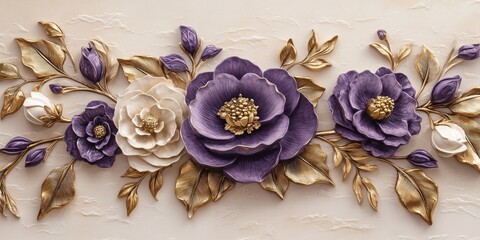 ornate 3d relief floral wallpaper design featuring sculptural purple anemone flowers and golden leaves on beige stucco plaster background for creative interior decoration and wedding invitation
