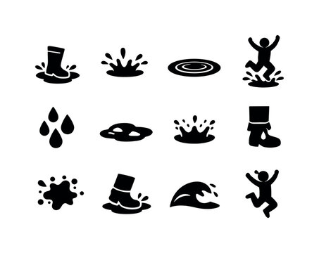 Puddle Play Icons. Splashing in puddles. Solid icon set of splashing in puddles: rain boot, water splash, puddle ripple, jumping figure, raindrop cluster, wet