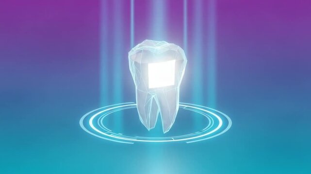 Glowing crystal tooth on a blue and purple gradient background with light effects around it
