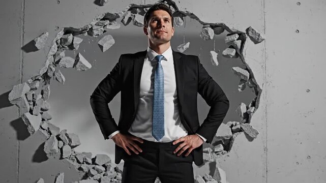 A confident businessman stands amidst a shattered wall, symbolizing breaking barriers and achieving success.