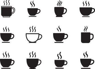 Obraz premium Tea icon in black and white, hot tea cup illustration set, minimal vector silhouette style.