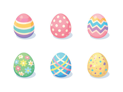 Pastel Easter Eggs Grid. Pastel Easter eggs. Isometric flat vector icons set of pastel Easter eggs: striped Easter egg, polka dot Easter egg, zigzag patterned