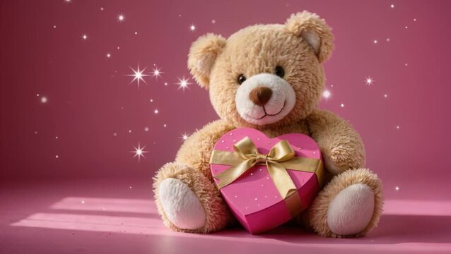 Cute plush teddy bear with heart shaped gift box and ribbon on pink studio background with sparkles and copy space, romantic valentines day concept for love, greeting, celebration, surprise and holida
