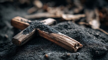 A wooden cross lies on the ground covered in ash for Ash Wednesday